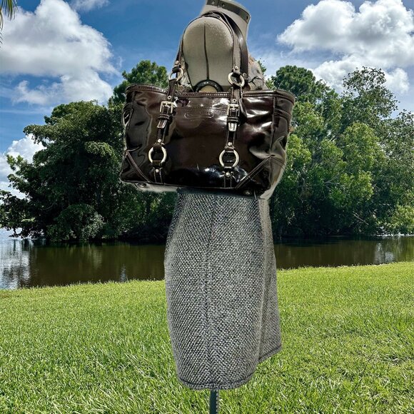 COACH East West Gallery Tote Patent Leather Brown Silver 10380 Clip Closure Tag - Picture 3 of 16